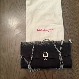 Salvatore Ferragamo Black Clutch with Silver Chain